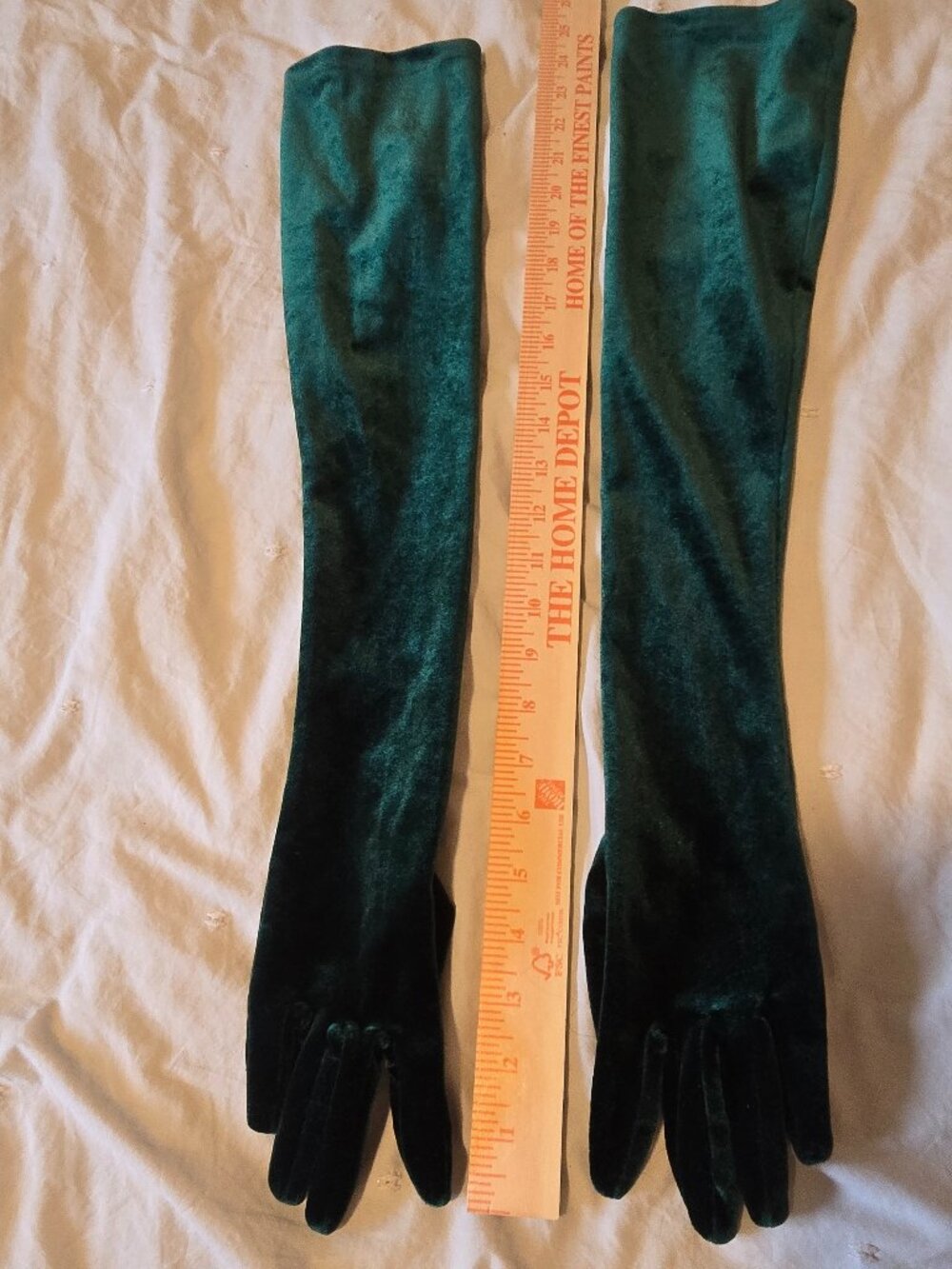 Green velvet elbow length gloves